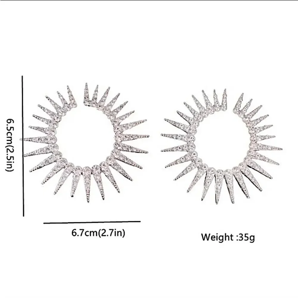 Exaggerated Spiked Zircon Earrings, Statement Silver Oversized Wedding